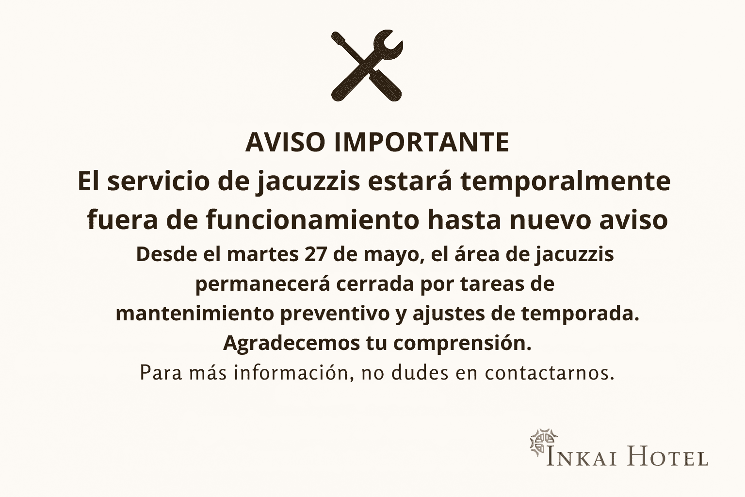 Aviso Jacuzzi Hotel Inkai